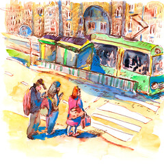 Watercolor Illustration of Tram and Pedestrians