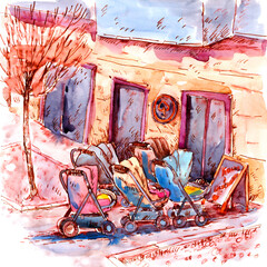 Stroller Row Outside Building