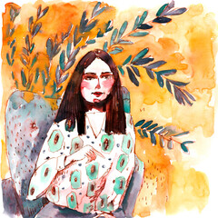 Watercolor Portrait of a Woman Indoors