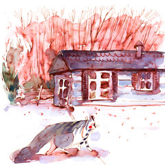 Watercolor Cat Near Rustic Cabin in Winter