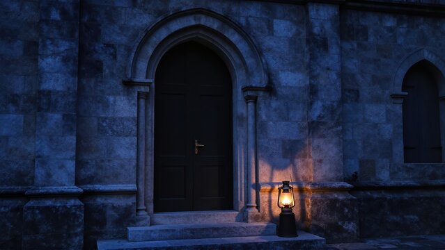 Cool blue predawn light illuminates the stone facade, emphasizing the tall arched doorway. A single oil lamp glows faintly near the steps, creating a