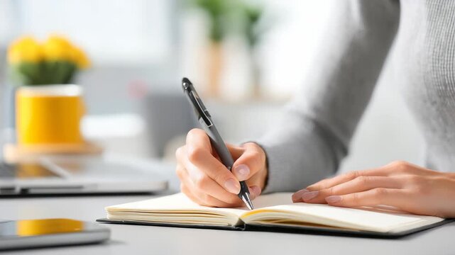 Closeup of female hands holding a pen and writing in a notebook at a tidy desk. Bright workspace with a laptop, smartphone, and yellow flowers, symbolizing productivity and organization
