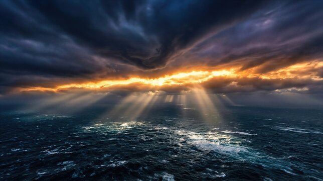 Sun rays piercing through dark clouds over a vast ocean, illustrating the creation of water and sky on the second day of creation.