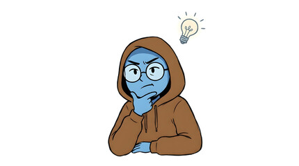 Obraz premium Thoughtful Cartoon Character with Lightbulb Idea.