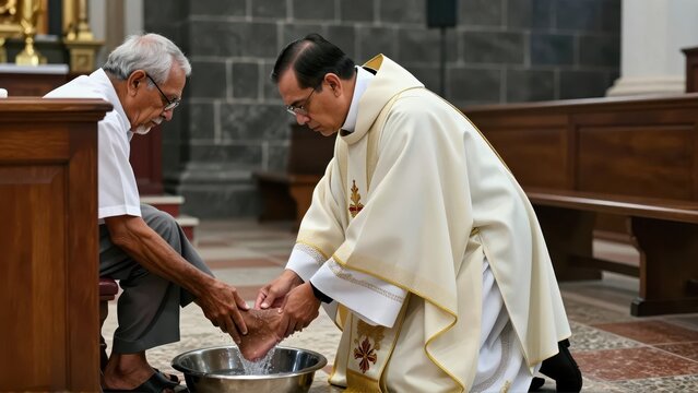 Filipino Catholic priest, in simple vestments, kneels to wash the feet of an elderly male parishioner inside an ancient, dark stone church, a solemn