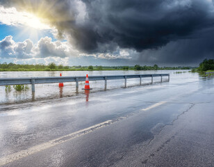 Flooded road with construction barrier and cones during storm and dramatic light