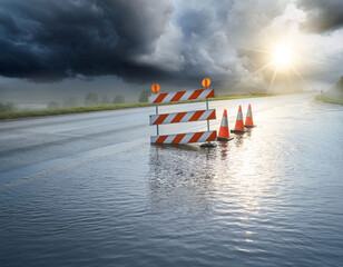 Flooded road with construction barrier and cones during storm and dramatic light