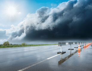 Flooded road with construction barrier and cones during storm and dramatic light