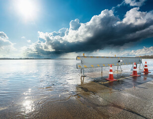 Flooded road with construction barrier and cones during storm and dramatic light
