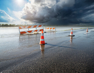 Flooded road with construction barrier and cones during storm and dramatic light