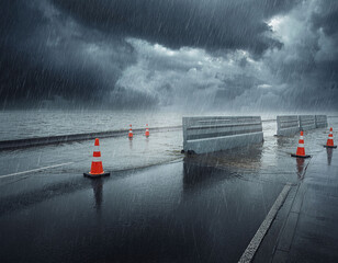 Flooded road with construction barrier and cones during storm and dramatic light