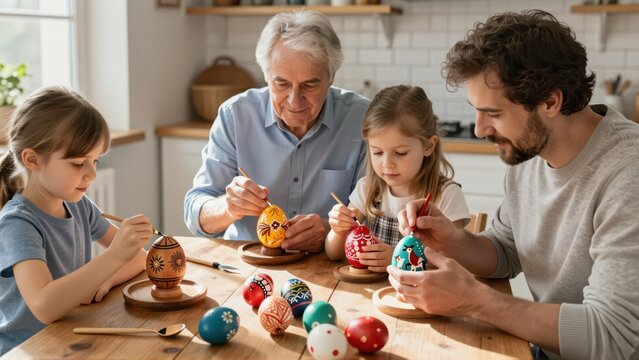 A multigenerational German family carefully painting intricate patterns onto large wooden Easter eggs on a rustic kitchen table, soft morning light