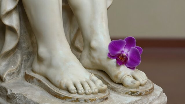 Low angle intimate shot of lifesized statue of Christ's sandaled feet with a single wilting purple orchid resting upon them, reverently touched.