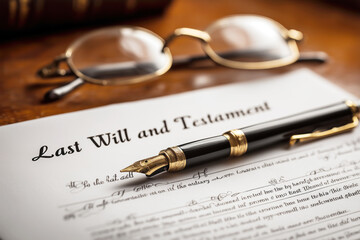 Close up of last will and testament document with fountain pen and glasses