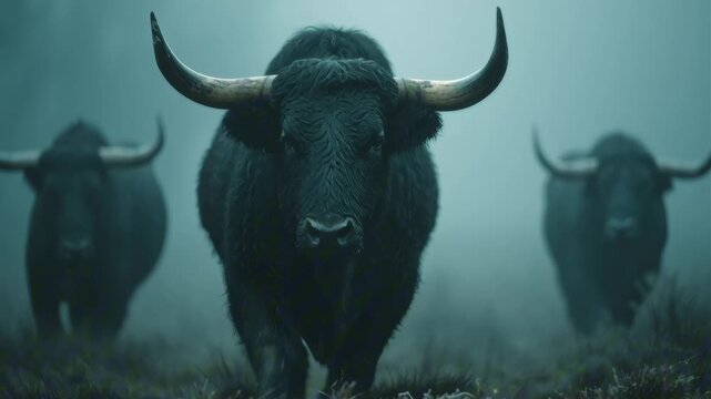 Massive aurochs emerging thick fog prehistoric Europe, towering wild bovine with long, forward-curving horns dark muscular bodies. Intense eyes, slow deliberate steps ancient misty forest, heavy necks
