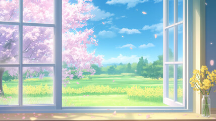花びら舞う春の庭を望む窓辺の水彩風イラスト、満開の花々と光が差し込む室内風景、癒しと開放感を感じる背景素材、ポスター、ヘッダー、バナー、動画背景、イベント告知に使える余白ありの華やかなビジュアル
