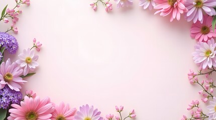 International Women’s Day floral frame with pink and purple spring flowers on pastel background, copy space