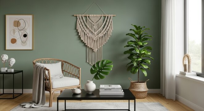 modern minimalist living room decor featuring macrame wall hanging, wicker furniture, and lush greenery for serene home ambiance creation.