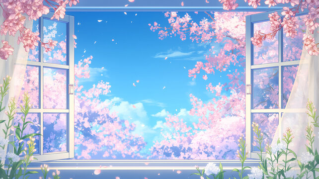 春の庭と室内空間をつなぐ窓辺の風景を描いた水彩イラスト、満開の花と舞い落ちる花びらが彩る背景素材、やさしい光と奥行きある構図、広告、ポスター、SNS投稿、動画サムネイルに使える季節感豊かなデザイン素材