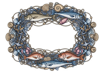 Decorative marine frame with fish and shells in an intricate design
