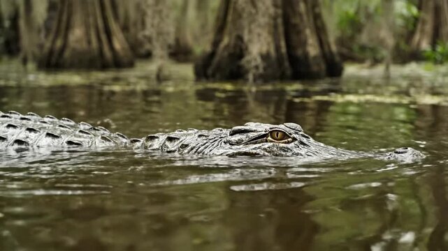 American alligator floating in murky swamp water with cypress trees