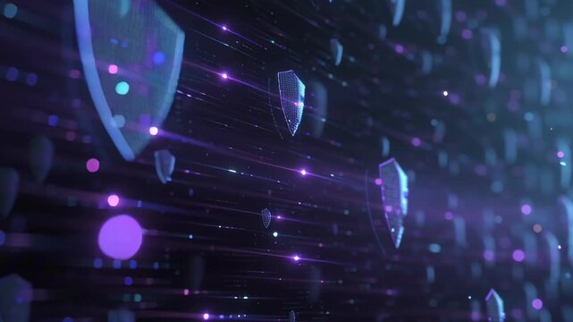 Digital network landscape, floating shields protecting glowing data nodes, streams binary code flowing, dark glitchy threats bouncing off energy shields neon blue purple cyber security theme high-tech