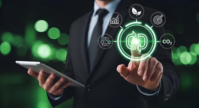 Businessman interacts with a digital interface displaying icons for sustainability, recycling, and carbon reduction goals.
