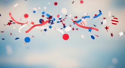 Patriotic Red White Blue Confetti and Streamers Falling for Celebration Background