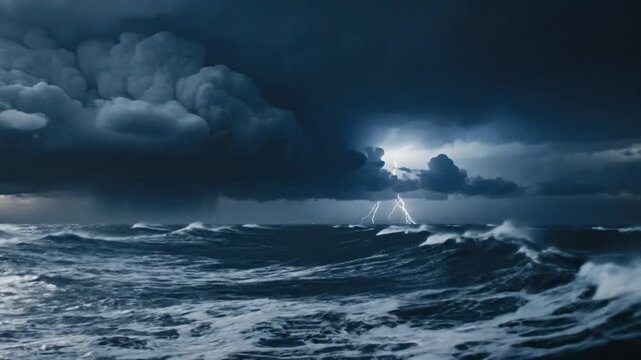 Cinematic dark stormy ocean with dramatic thunderclouds and crashing waves under a lightning-filled sky