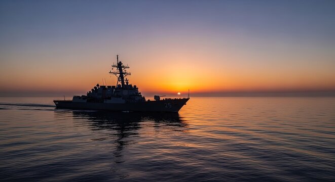 navy ship sailing at sunset