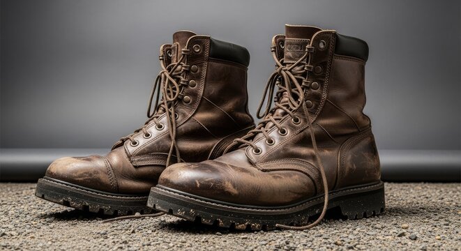worn brown leather work boots