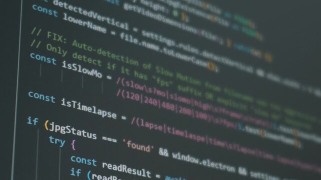 Close-up view of scrolling Javascript programming source code on a dark computer screen. Concept of software engineering, complex data processing, and digital web development.
