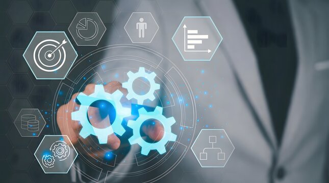 Futuristic technology gears innovation network with digital icons and glowing blue light in high-tech business concept