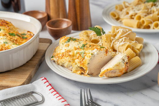 Baked chicken with ziti pasta. Lean protein meal