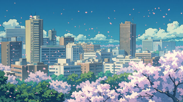 桜並木が続く都市全景を描いた春の街風景イラスト、舞い落ちる花びらと広大な街並み、遠景まで見渡せるパノラマ構図、観光案内、地域紹介、入学入社シーズンの告知、動画背景やサムネイルに使える季節ビジュアル素材