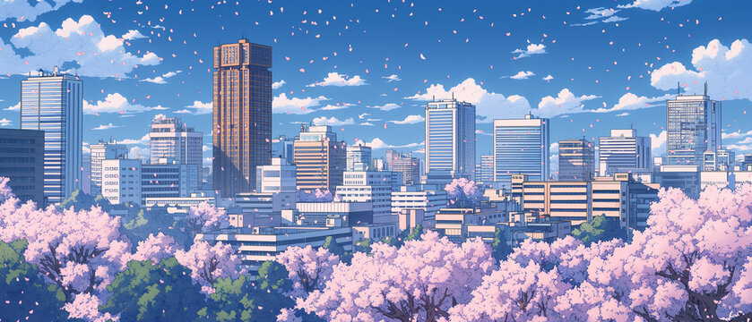 桜並木が続く都市全景を描いた春の街風景イラスト、舞い落ちる花びらと広大な街並み、遠景まで見渡せるパノラマ構図、観光案内、地域紹介、入学入社シーズンの告知、動画背景やサムネイルに使える季節ビジュアル素材