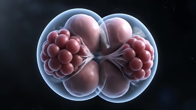 Cinematic CGI Visualization of Early Embryonic Cell Division Showing Morula Stage Development Against a Dark Abstract