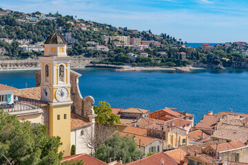View of Villefranche-sur-Mer and Mediterranean Sea on the French Riviera.