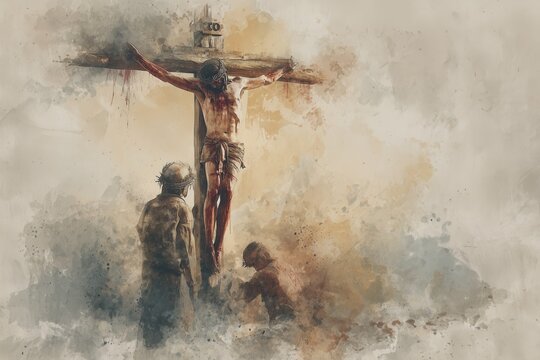 Jesus hangs on the cross in soft, smoky brushstrokes, with mourners below in muted tones. The ethereal painting conveys sorrow, sacrifice, and sacred reverence.