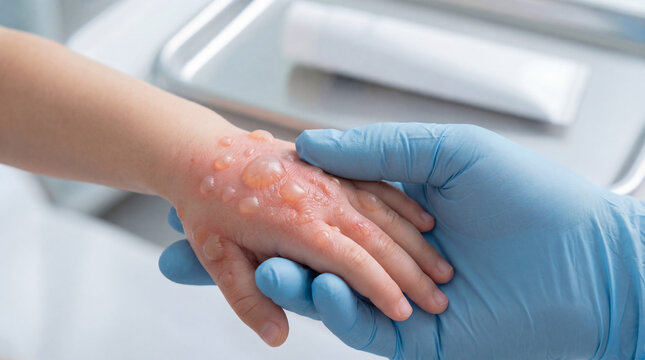 Close up of doctor hand in blue glove holding child hand covered with severe burn blisters or viral rash during medical checkup in hospital