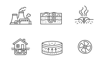 Fototapeta premium Geothermal power linear icon pack focused on underground heat systems. Monochromatic vector set ideal for green technology branding and clean energy projects.