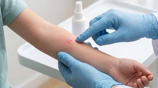 Pediatrician hand in blue glove pointing at small red insect bite or injection site on child arm during medical examination in clinic
