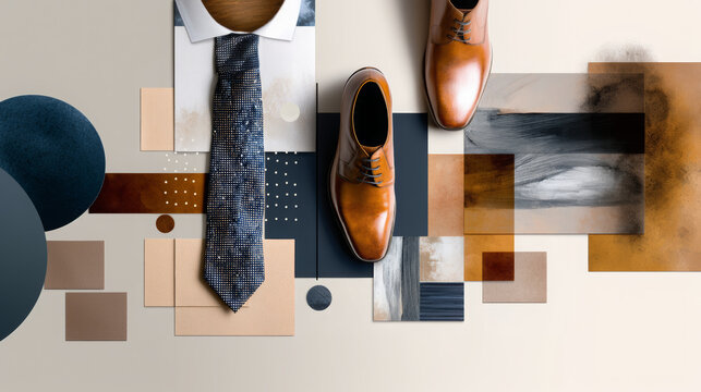 Men's formal business flat lay with dress shirt, patterned blue tie and brown oxford shoes on textured grey geometric background conveying style and professionalism