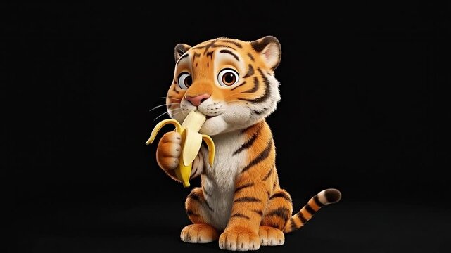 Cute cartoon tiger character eating banana loop, whimsical animal mascot animation 4K