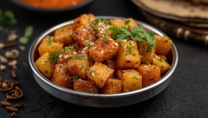 Fototapeta premium Aloo chaat, a beloved street food from North India, is simple to prepare