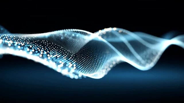 A glowing, abstract, wave-like shape made of small dots in varying shades of blue, with a dark background