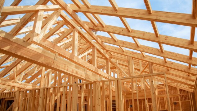 An builds wooden roof beams with trusses and joists