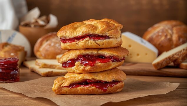 An image of a pile of golden pastries with raspberry jam