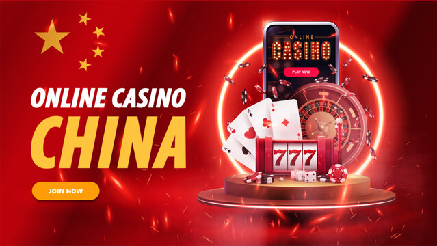 3D online casino banner for China market with mobile app, slot machine, roulette and poker cards on background with China flag. Gambling promotion template for betting website and digital marketing.