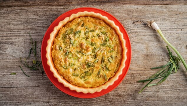 An overhead shot of a new golden leek quiche in a red silicone mold on wood